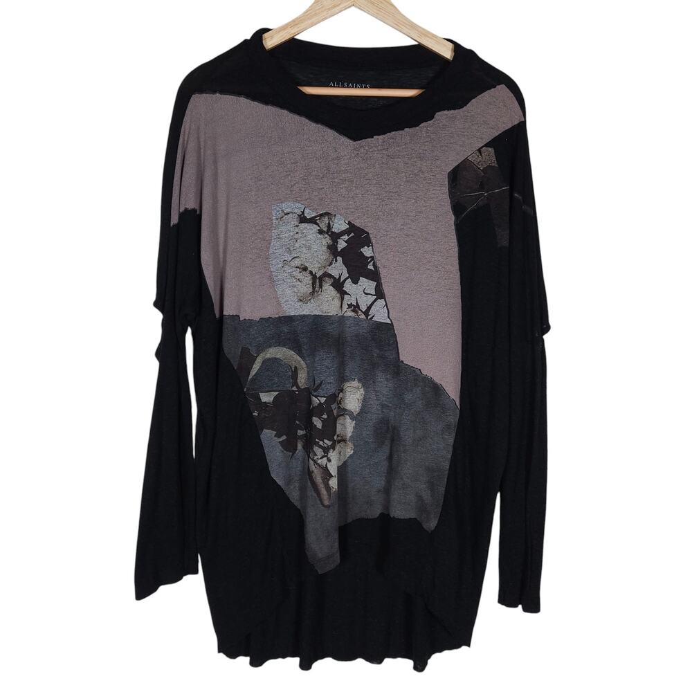 Allsaints Top XS Asymmetrical Bell Wave Black Graphic Draped Grunge Avant Garde